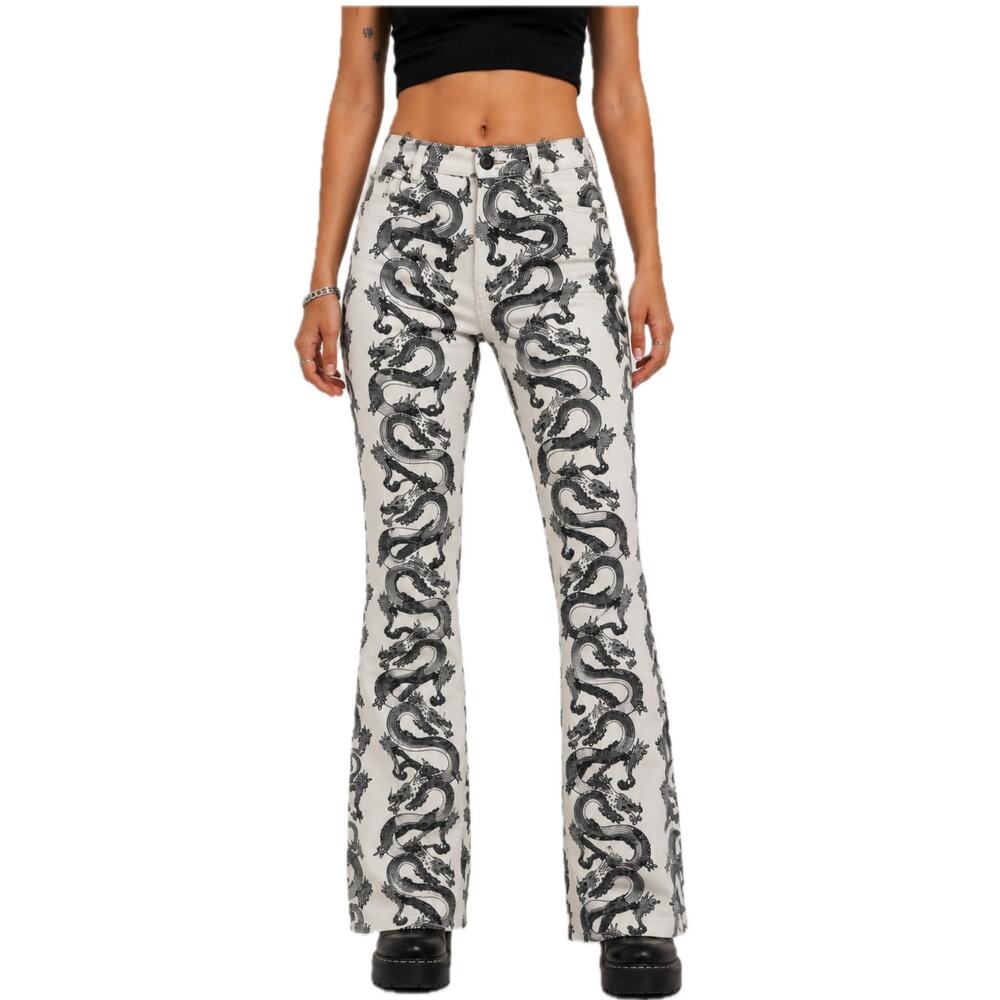 Y2K Motel Rocks Dragon Print Flare Pants S High Rise Indie Sleaze Grunge Alt 90s